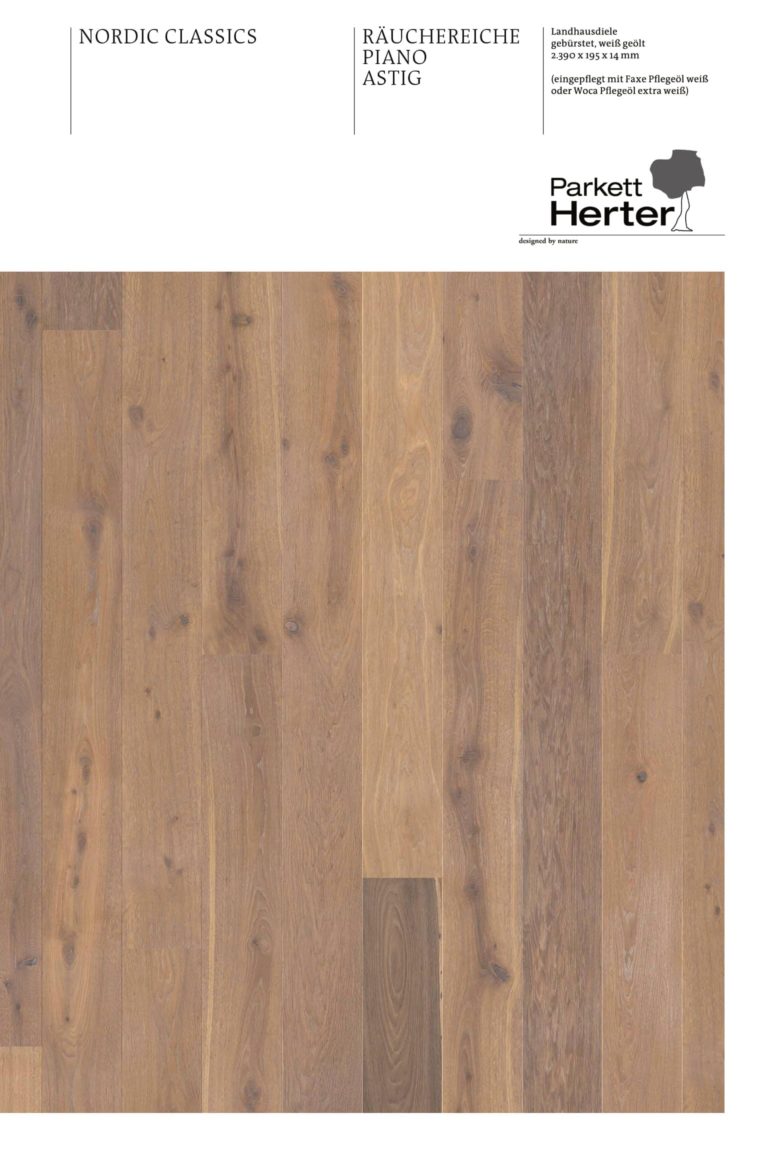 Parkett Räuchereiche Piano astig, gebürstet, weiß vorgeölt