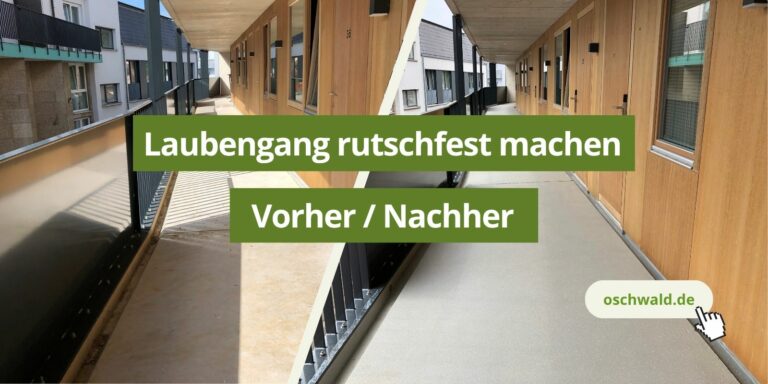 Rutschfest beschichteter Betonboden im Laubengang eines Hotels